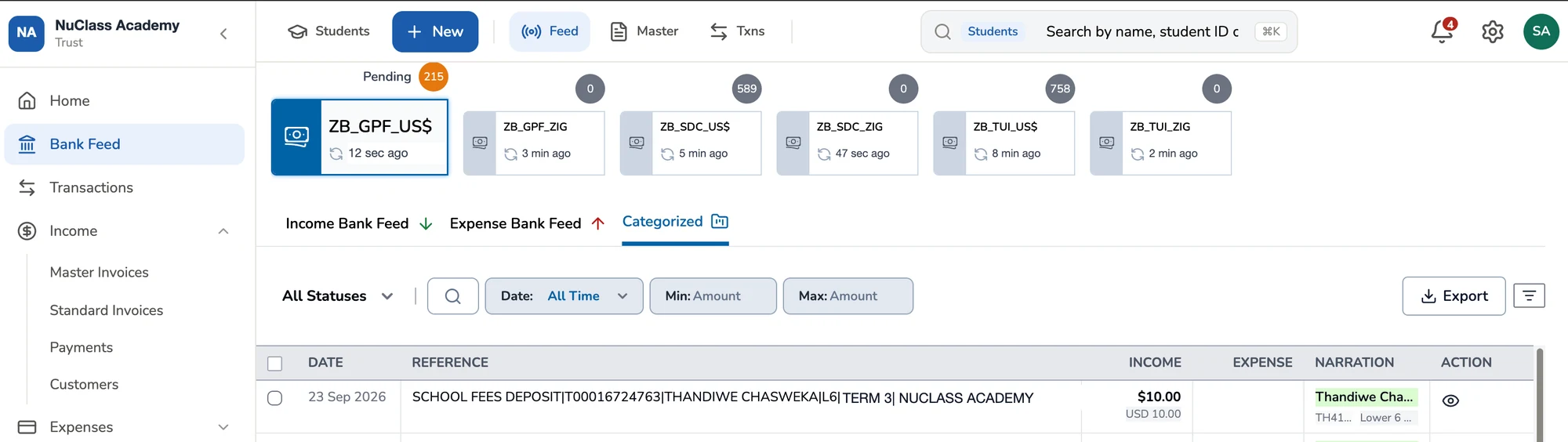 NuPay Bank Feed screen: six ZB Bank accounts in USD and ZWG with pending counts and last-synced times, and a categorised deposit matched to a student.