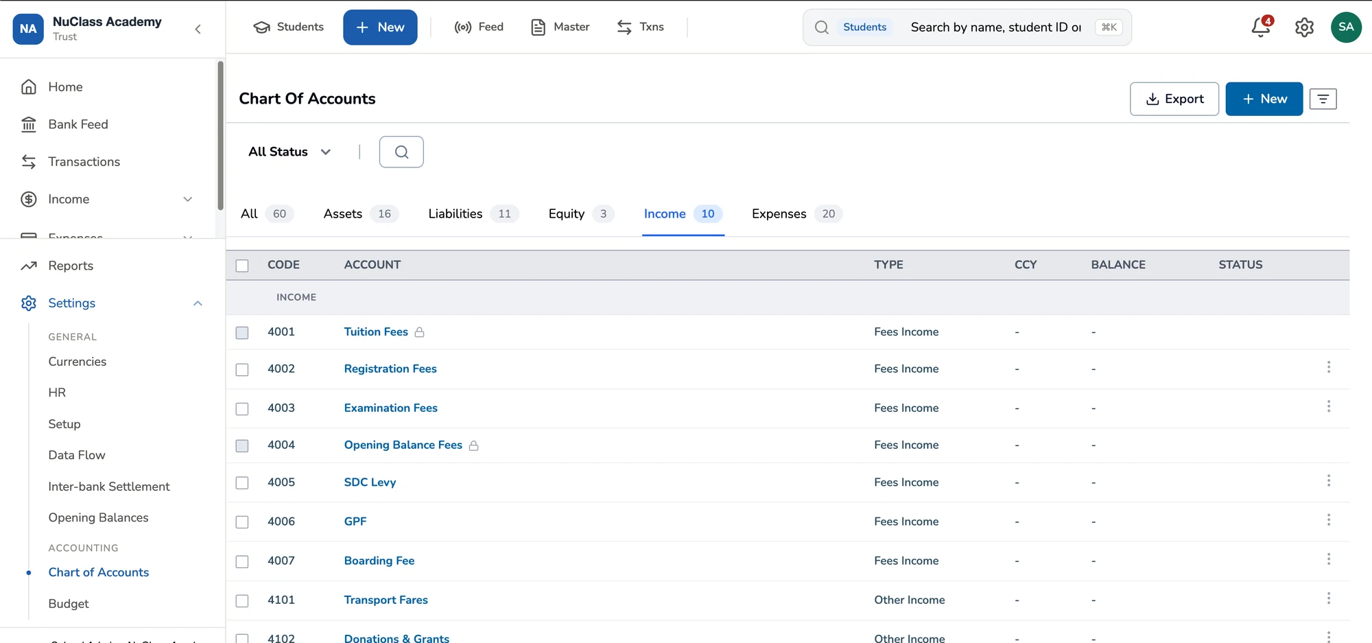 NuPay Chart of Accounts screen filtered to income accounts: tuition fees, registration fees, examination fees, SDC levy, GPF, boarding fee, transport fares, and donations and grants.