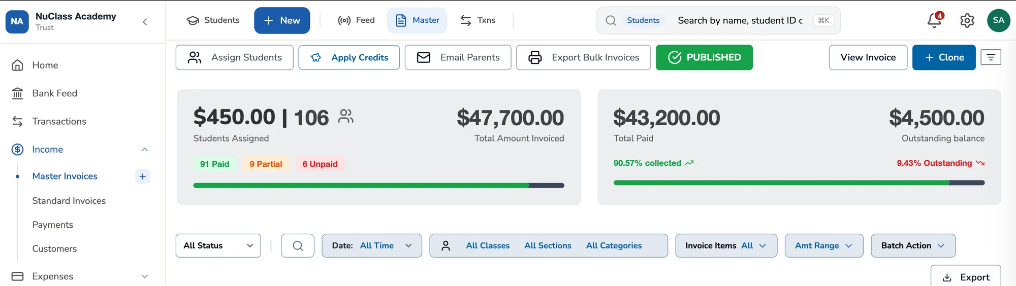 NuPay Master Invoice screen: 106 students assigned, total invoiced, total paid and outstanding balance with progress bars.