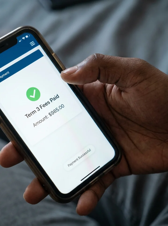 A parent holding a phone showing a NuPay payment confirmation: Term 3 Fees Paid, amount $985.00, payment successful.