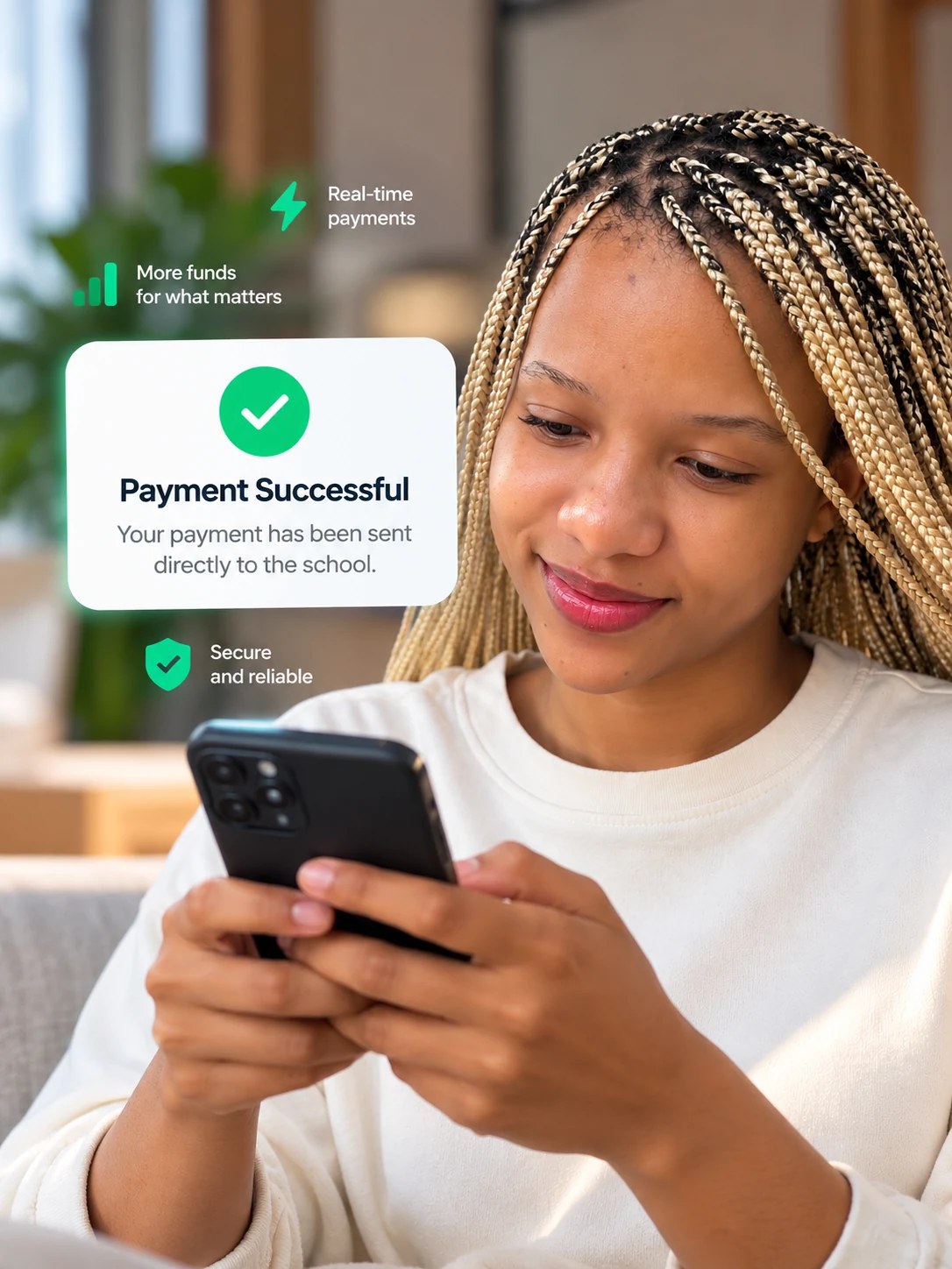 A smiling student holding a phone, next to a Payment Successful card: your payment has been sent directly to the school. Real-time payments, more funds for what matters, secure and reliable.