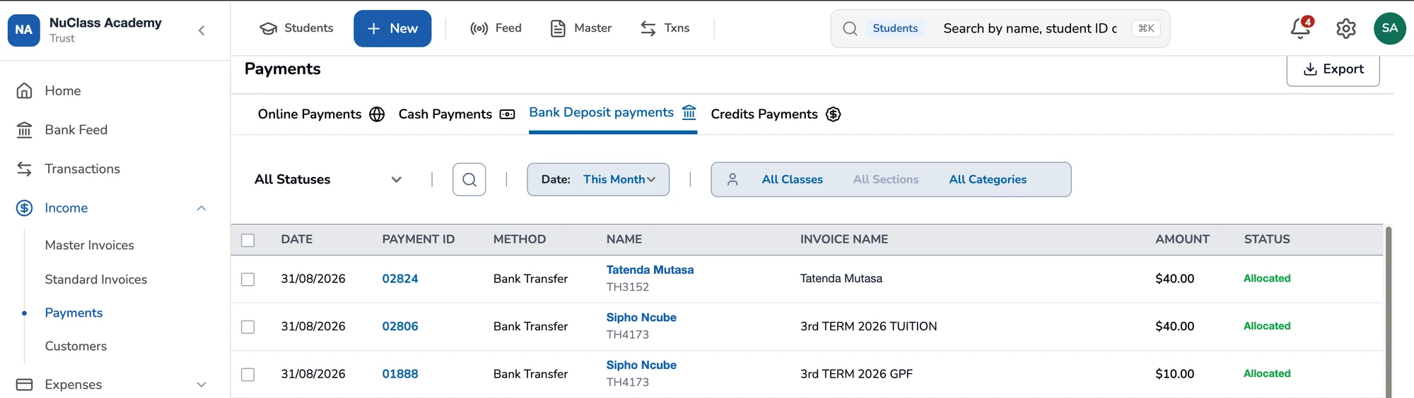 NuPay Payments screen: bank deposit payments with payment ID, method, student, invoice, amount and settlement status.