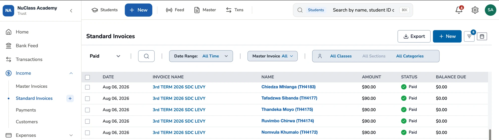 NuPay Standard Invoices screen: paid SDC levy invoices with student names, amounts, status and balance due.